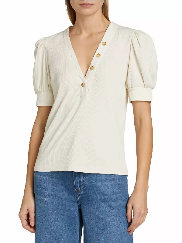 Heather V-Neck Puff Sleeve T-Shirt In Off White Fleece Fabric Down Fabric Feather Fabric