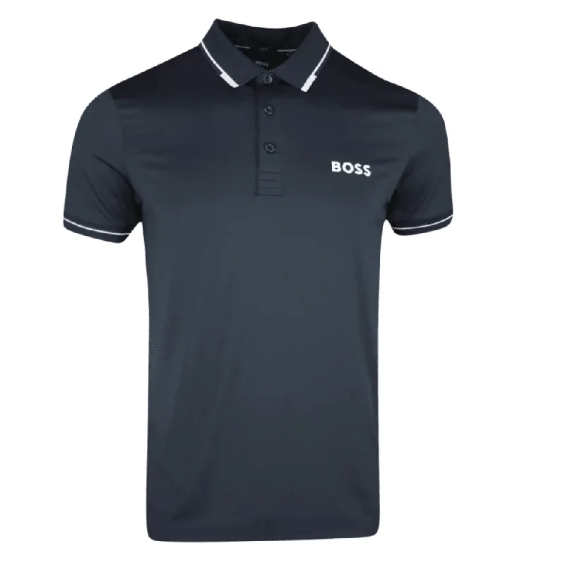 Hugo Boss Paule Pro Navy Blue Performance Quick Dry Short Sleeve Polo T-Shirt Chenille Blend Fleece Blend Nylon Blend