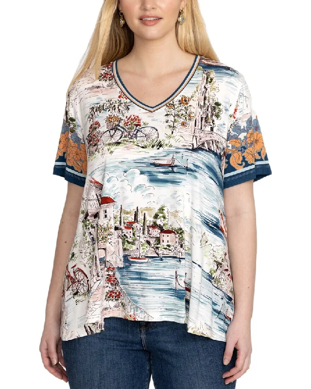 Johnny Was Janie Favorite V-Neck T-Shirt Print Jacquard Patchwork