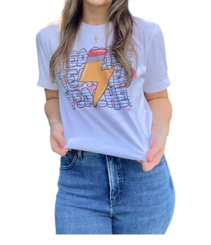 Lightening Bolt Pencil Teacher Tee In White Print Jacquard Patchwork