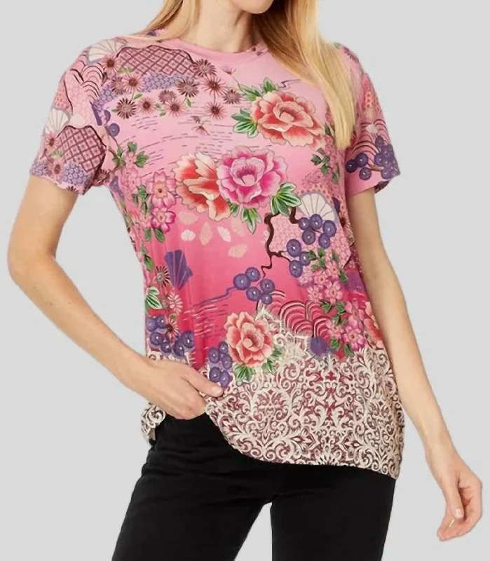 Loose Fit Tee In Pink Lace Zippered Buttoned Snapped
