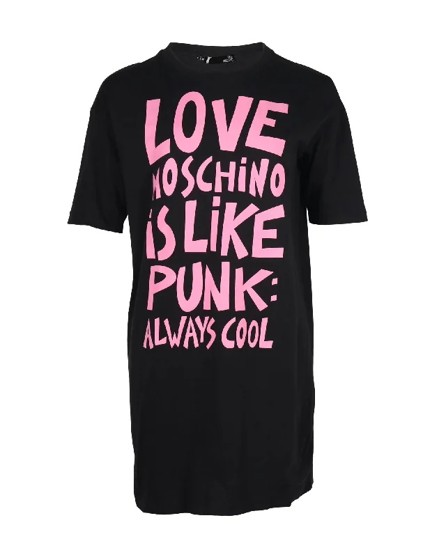 Love Moschino Graphic Slogan Print T-shirt Dress in Black Cotton Rayon Fabric Velvet Fabric Corduroy Fabric