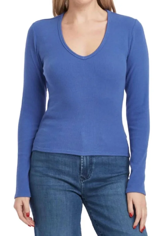 Marlowe Longsleeve Tee Top In Blue Lolite Collared T-Shirt Boat Neck A-Line