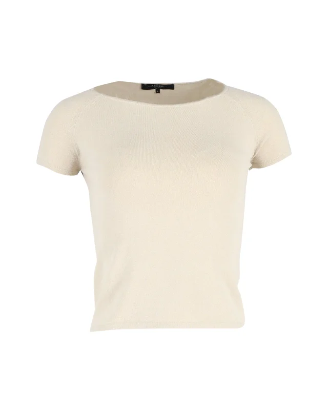Max Mara Weekend Cap Sleeve T-shirt in Beige Cotton Wool Polka Dot Checkered Tartan