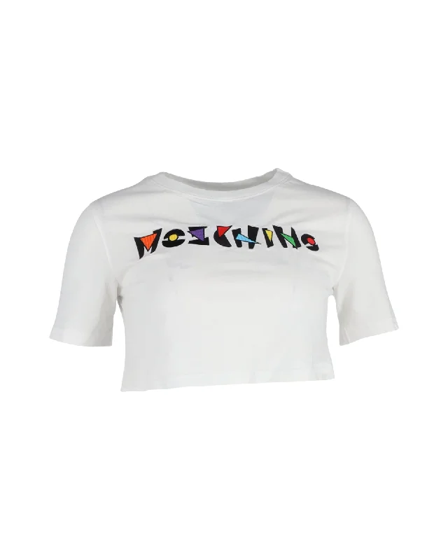 Moschino Logo Cropped T-Shirt in White Cotton Chenille Blend Fleece Blend Nylon Blend