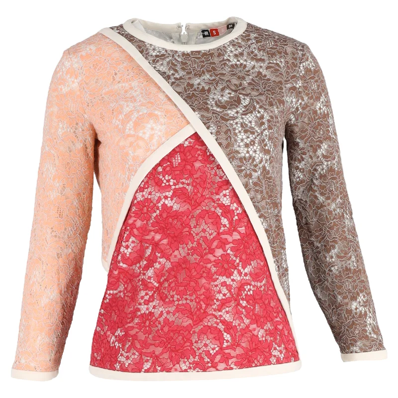 MSGM Lace Patchwork Long Sleeve T-Shirt in Multicolor Polyamide Collared Crew Neck Turtle Neck