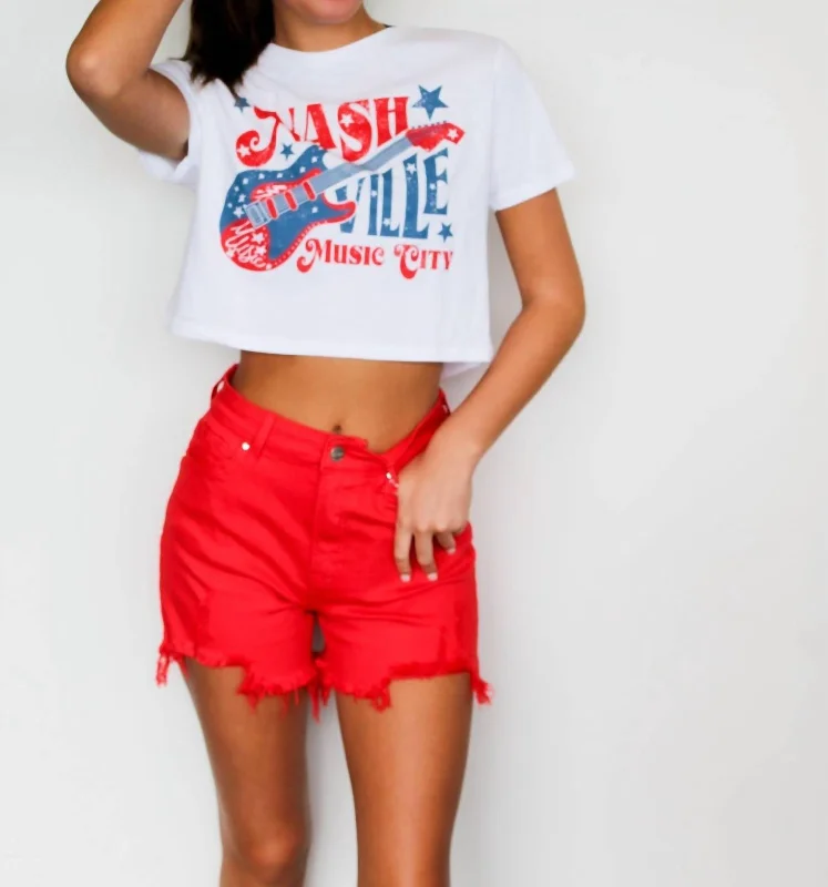 Nashville Vintage Cropped Tee In White Chenille Blend Fleece Blend Nylon Blend
