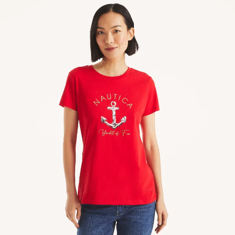 Nautica Womens Glitter Anchor Yachts Of Fun Graphic T-Shirt Fleece Fabric Down Fabric Feather Fabric
