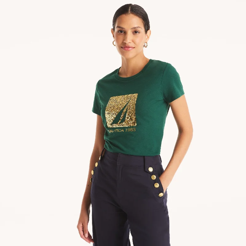Nautica Womens Sequin 1983 Graphic T-Shirt Print Jacquard Patchwork