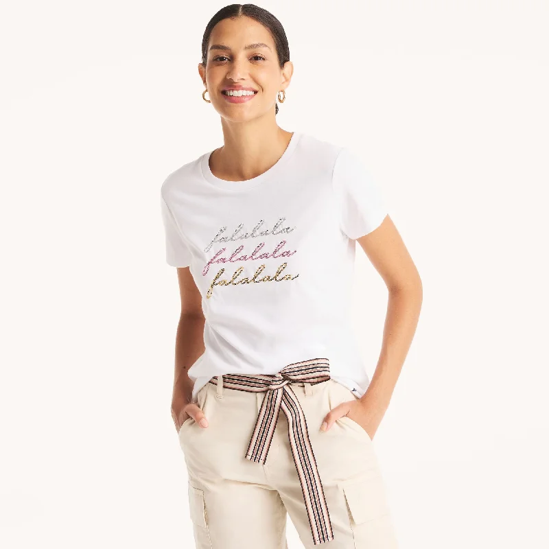 Nautica Womens Sequin Fa-La-La-La-La Graphic T-Shirt Beaded Sequined Faux Fur
