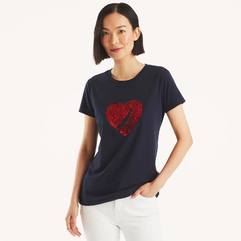 Nautica Womens Sequin Heart Graphic T-Shirt Cozy Warm Stylish