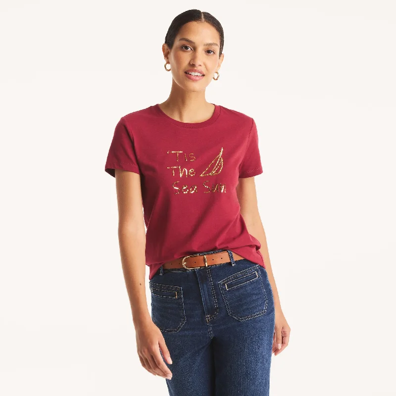 Nautica Womens Sequin 'Tis The Sea Sun Graphic T-Shirt Knit Fabric Woven Fabric Fleece Fabric