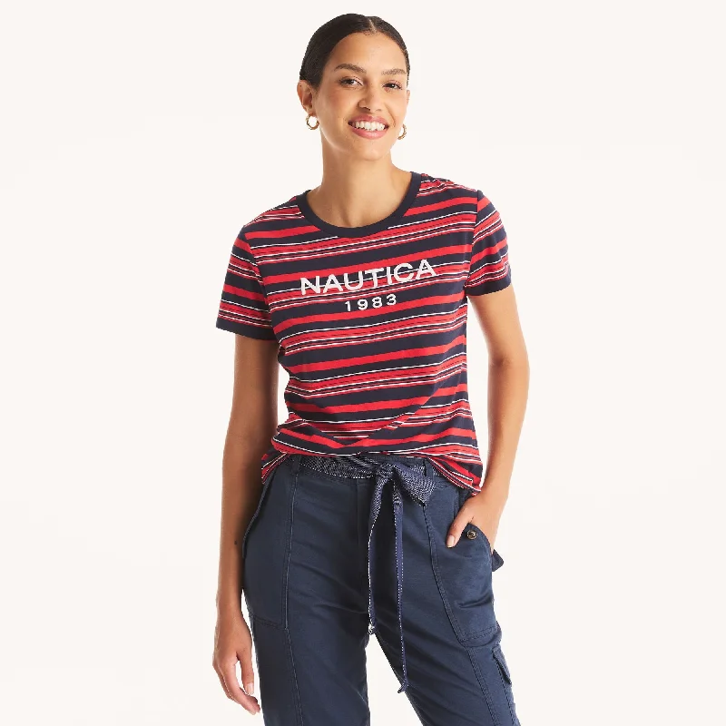Nautica Womens Striped Puff Logo Graphic T-Shirt Zippered Front Buttoned Front Snap Front
