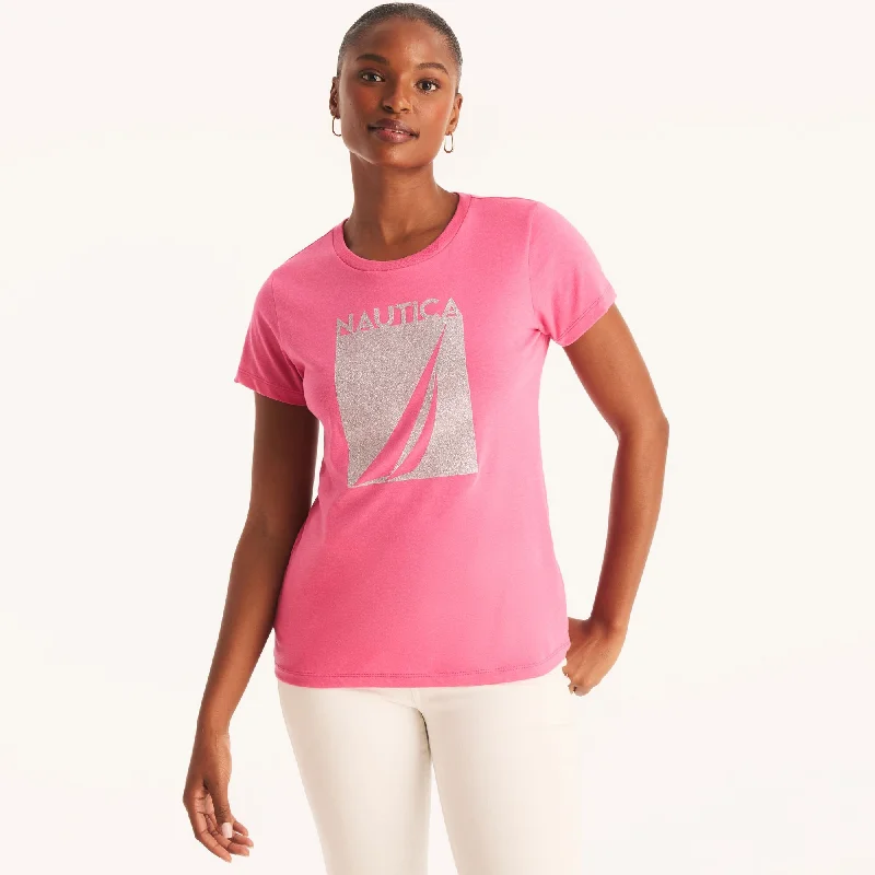 Nautica Womens Sustainably Crafted J-Class Glitter Graphic T-Shirt Mesh Blend Leather Blend Suede Blend