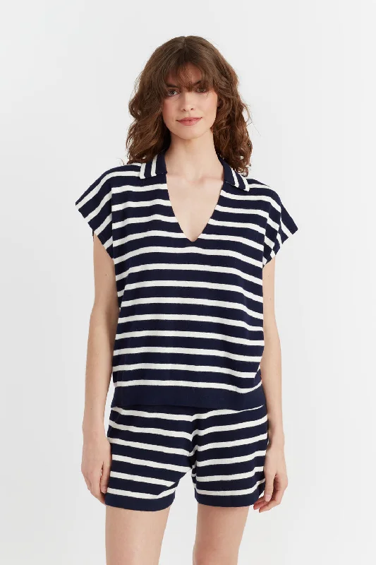 Navy Cotton-Linen Breton Polo T-shirt Rayon Fabric Velvet Fabric Corduroy Fabric