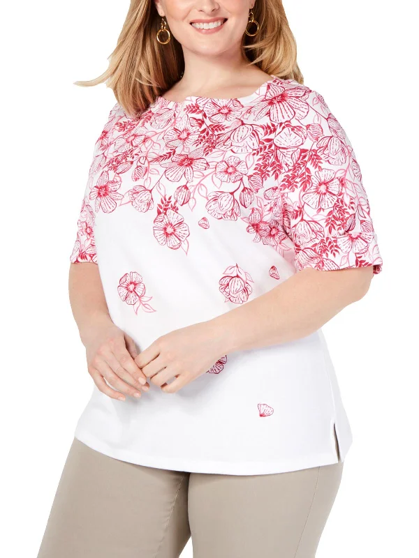 Plus Magnolia Womens Floral Cuffed-Sleeve T-Shirt Elegant Classic Vintage