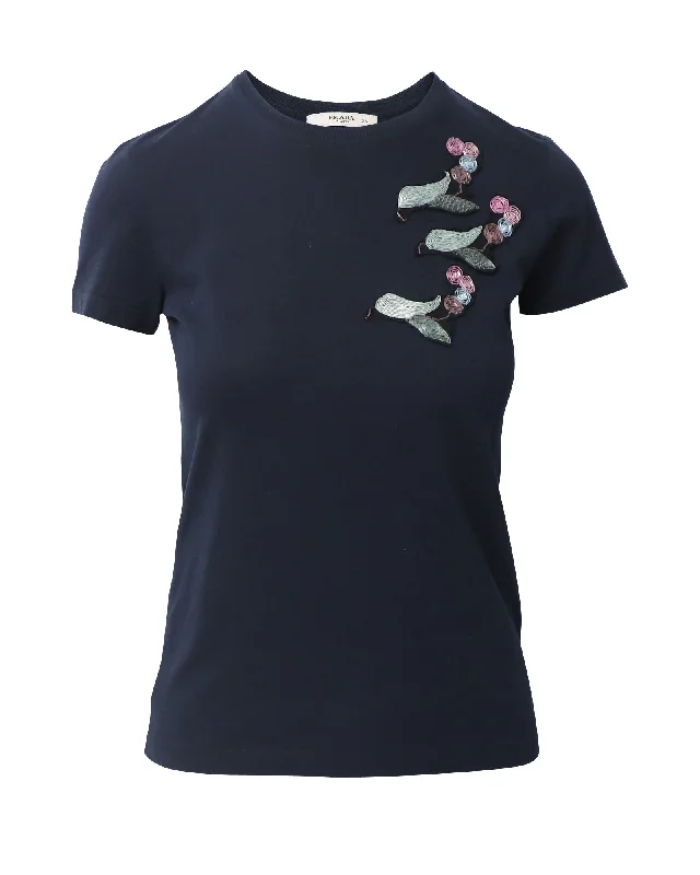 Prada Embroidered T-shirt in Navy Blue Cotton Collared Crew Neck Turtle Neck