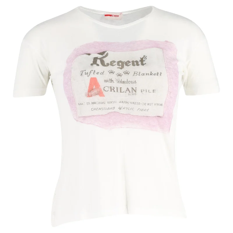Prada Printed T-shirt in White Cotton Iron Safe Non-Iron Wrinkle Free