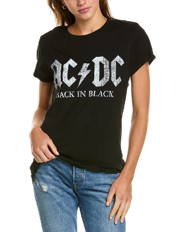 Recycled Karma AC/DC Back In Black T-Shirt Denim Fabric Leather Fabric Suede Fabric