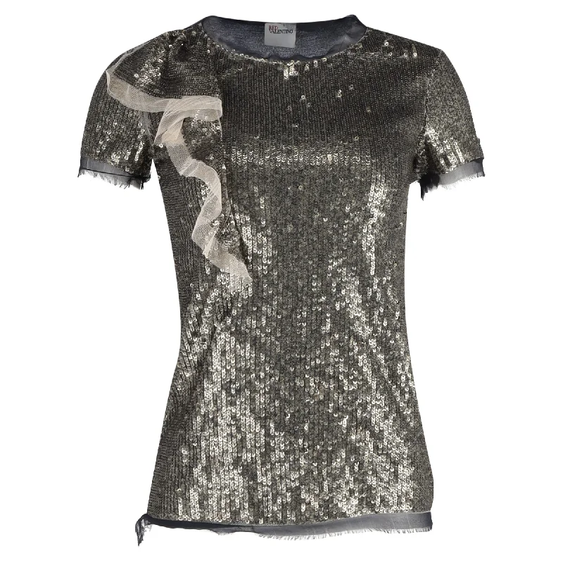 Red Valentino Ruffle Detail T-shirt in Silver Sequins Hooded Caped Shawl Collar