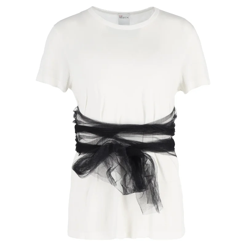 RED Valentino Wrapped T-Shirt in White Cotton Solid Color Striped Floral