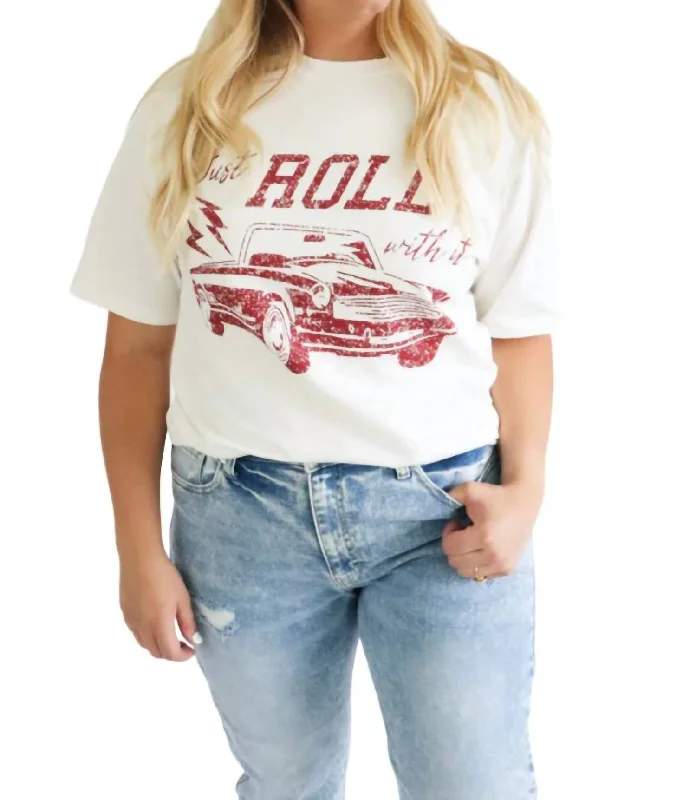 Roll With It Tee In White Print Jacquard Patchwork