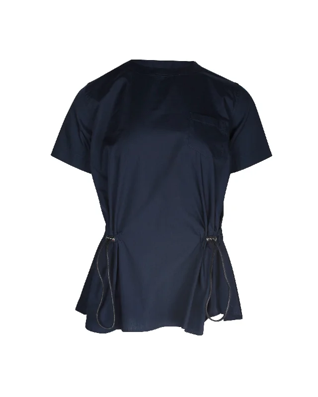 Sacai Open Back T-shirt in Navy Blue Polyester Polka Dot Checkered Tartan
