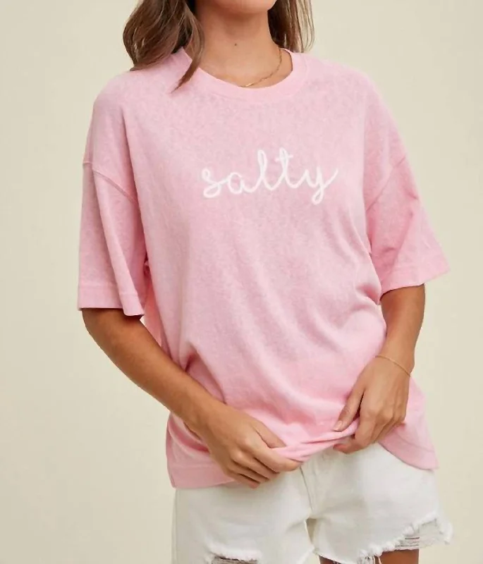 Salty Cursive Tee In Pink Spandex Blend Rayon Blend Denim Blend