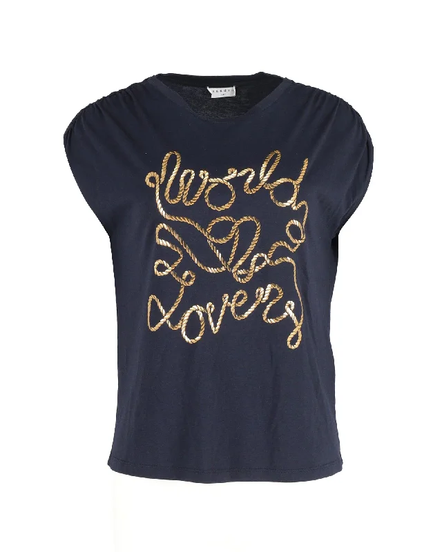 Sandro Paris World Lovers Print T-shirt in Navy Blue Modal Casual Formal Business