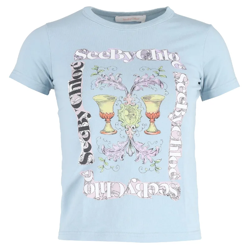 See by Chloé Graphic Print T-shirt in Light Blue Cotton Graphic Embroidered Appliqued See by Chloé Graphic Print T-shirt in Light Blue Cotton Graphic Embroidered Appliqued