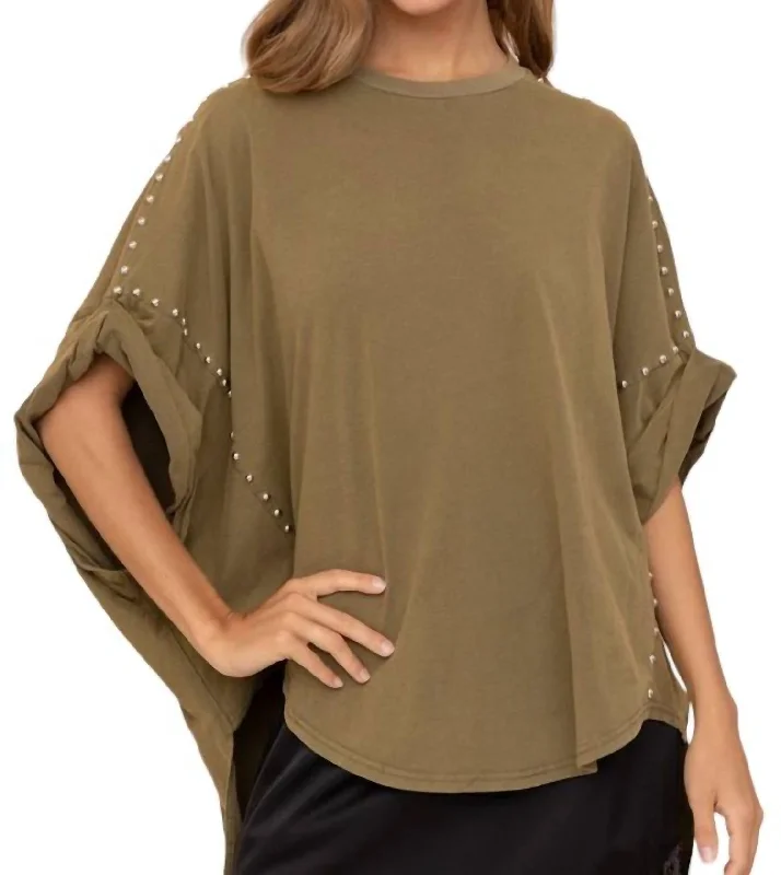 Studded T-Shirt In Olive Jersey Fabric Tulle Fabric Batik Fabric