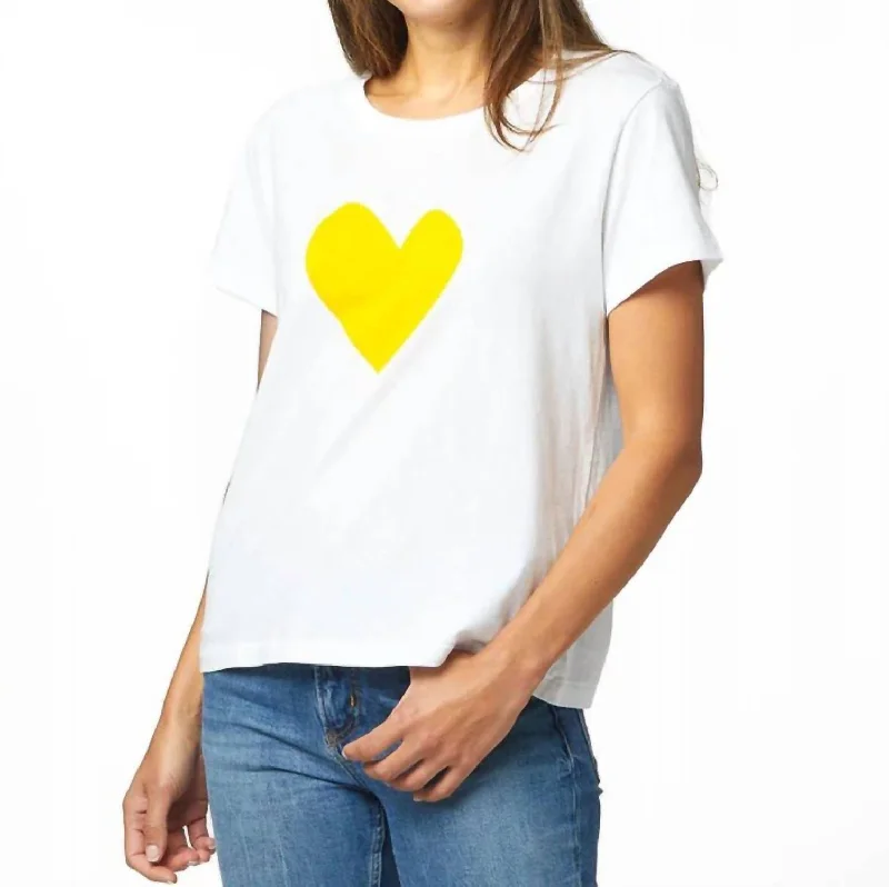 Suke Imperfect Heart Tee Top In White/yellow Rayon Velvet Corduroy