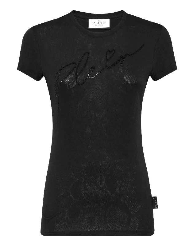 T-shirt Round Neck Sexy Pure Fit Signature Solid Print Embellished