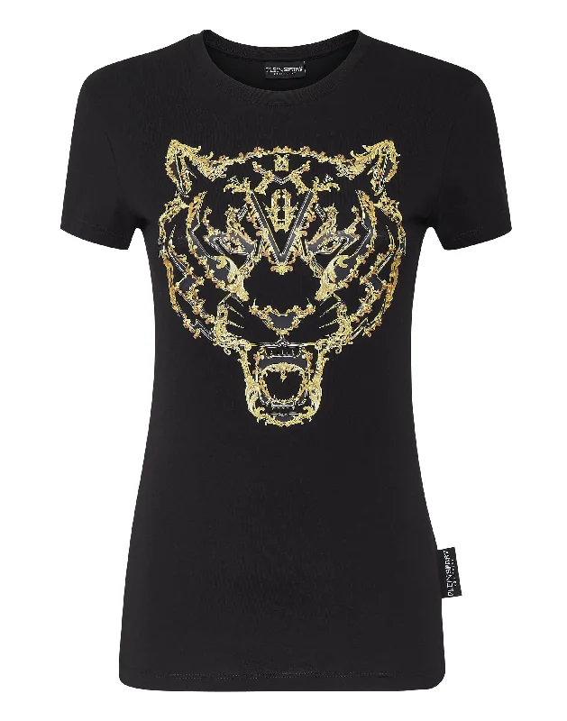 T-shirt Round Neck Sexy Pure Fit Tiger Beaded Sequined Faux Fur