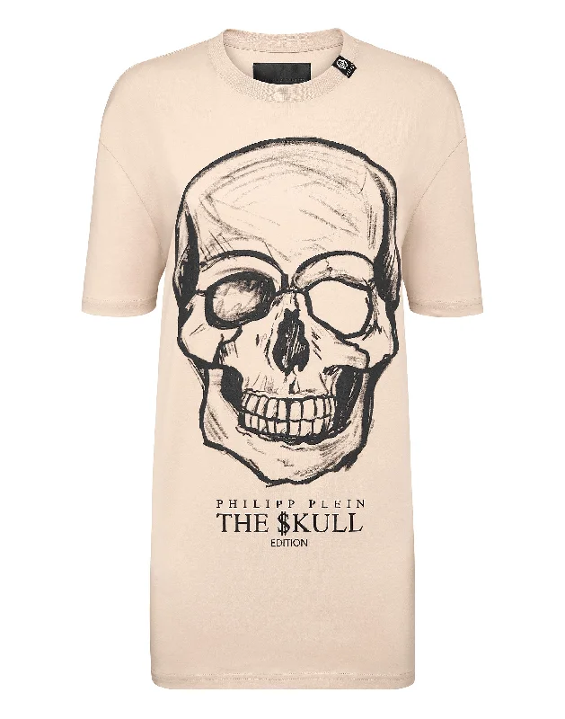 T-shirt Round Neck SS print Skull Silk Blend Satin Velvet