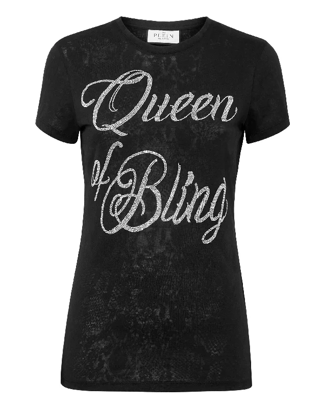 T-shirt Round Neck SS Sexy Pure Fit with Crystals Print Jacquard Patchwork