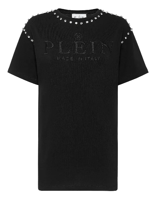 T-shirt Round Neck SS Stones Notch Collar Peter Pan Collar Cowl Neck