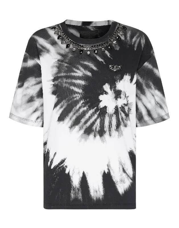 T-shirt Round Neck SS Tie dye Hooded Caped Shawl Collar