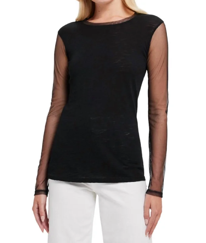 Tulle Sleeve Tee In Black Sequined Glittery Shiny