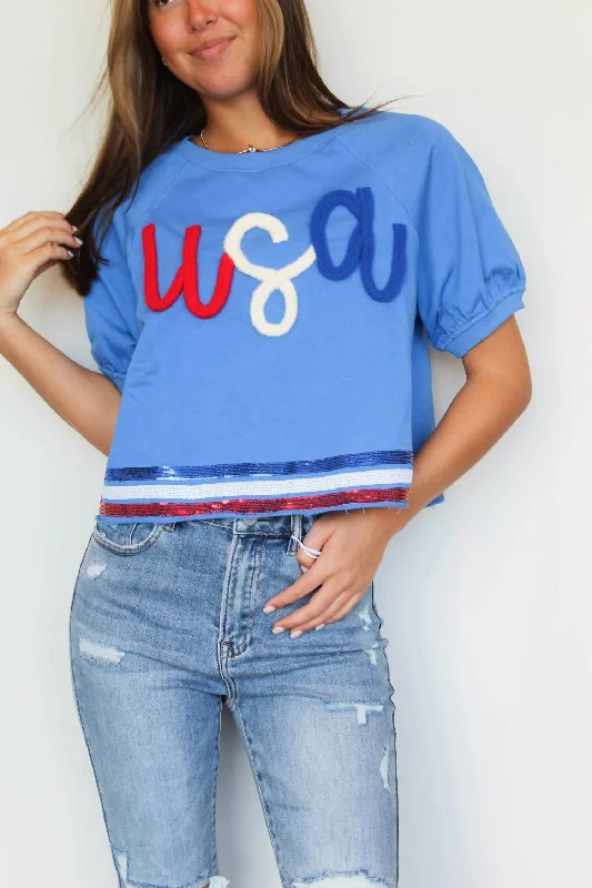 Usa Terry Cropped Tee In Blue Welt Pockets Slit Pockets