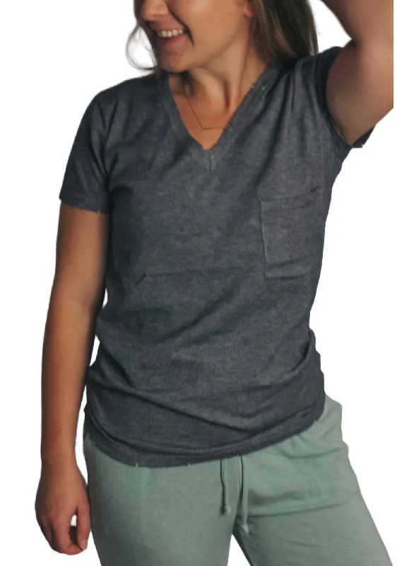 V-Neck T-Shirt In Charcoal Grey Front Pockets Side Pockets Patch Pockets