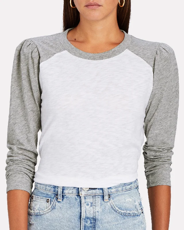 Veronica Beard Women's Mason Baseball Tee, White/Heather Grey Graphic T-Shirt Round Neck Polyester