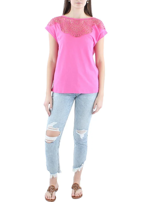 Womens Lace Crew Neck T-Shirt Faux Fur Fabric Real Fur Fabric Shearling Fabric
