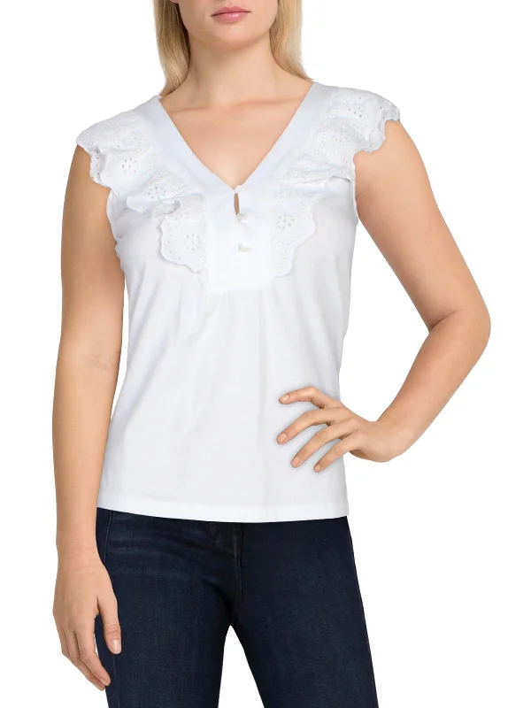 Womens Ruffled Eyelet T-Shirt Basic T-Shirt Crew Neck Short Sleeve