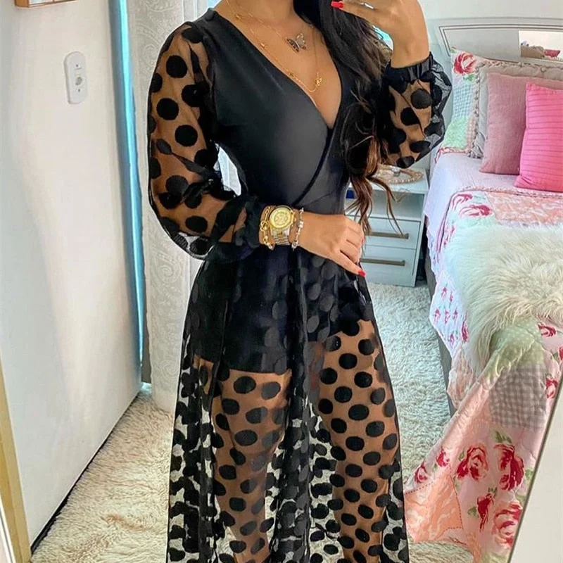 Women's Clothing Spring Polkadot Print Wrap Long Sleeve Maxi Dress See Through Party Wedding Formal Elegant Boho V Neck Stylish Longline Maxi Dress