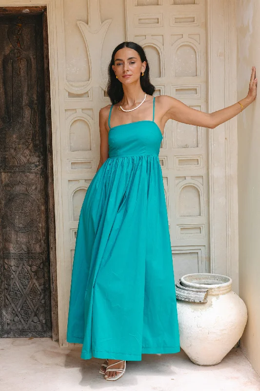 Alethea Teal Blue Flared Maxi Dress Comfortable Maxi Dress with Slits