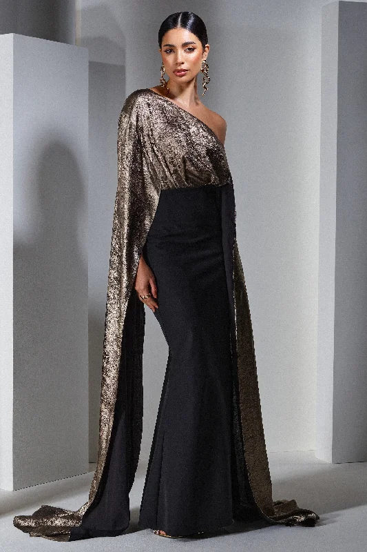 Alura | Black & Gold Metallic One Shoulder Cape Maxi Dress Classic Black Maxi Dress