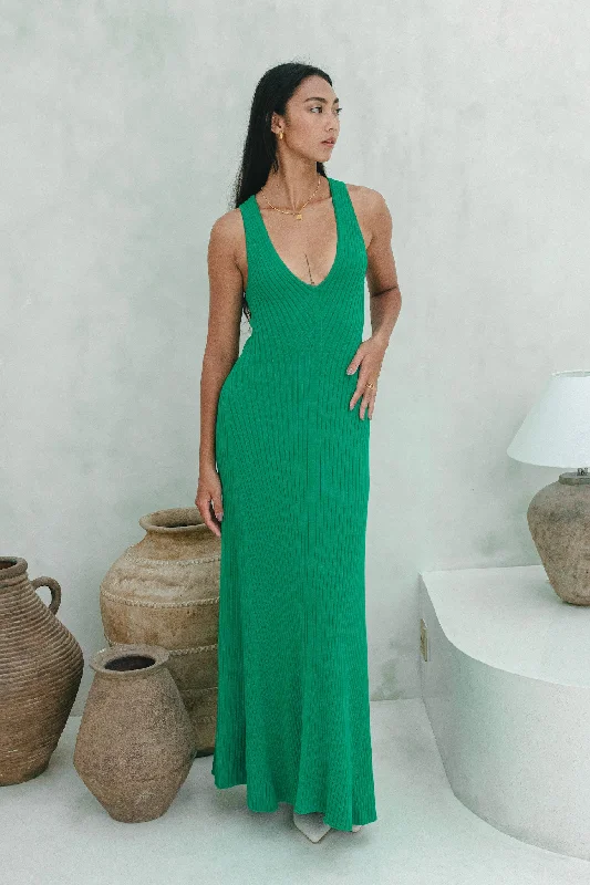 Amelia Green V-Neck Knit Maxi Dress Cozy Ribbed Maxi Dress