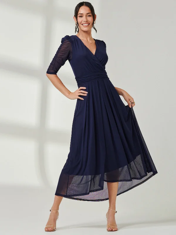Aneissa Ruched Sleeve Mesh Maxi Dress, Navy Cozy Ruffle Sleeve Maxi Dress