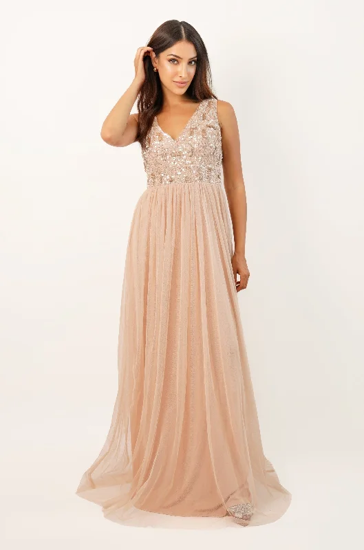 Aurora Nude Embellished Maxi Dress Trendy Maxi Dress with Lace